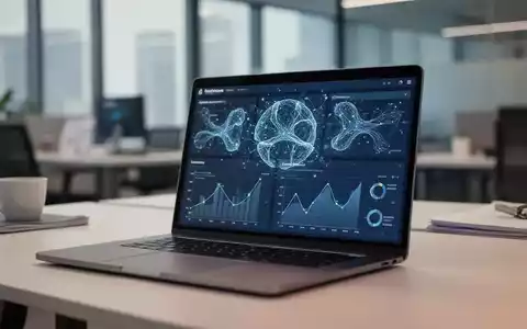 Moderner Büroarbeitsplatz mit Laptop, der eine fortschrittliche KI-Datenanalyse- und Softwareintegrationsoberfläche zeigt. - Foto: über boerse-global.de