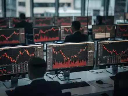 Rote Börsengrafiken und fallende Aktienkurse auf einem Monitor in einem modernen Büro. - Foto: über boerse-global.de