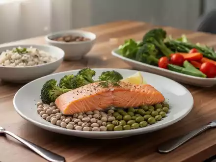 Gesunde Mahlzeit mit Proteinquellen wie Fisch und Hülsenfrüchten auf einem Holztisch, Fokus auf Ernährung und Gesundheit. - Foto: über boerse-global.de