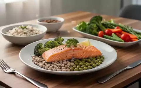 Gesunde Mahlzeit mit Proteinquellen wie Fisch und Hülsenfrüchten auf einem Holztisch, Fokus auf Ernährung und Gesundheit. - Foto: über boerse-global.de