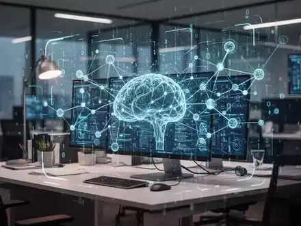 Digitale Benutzeroberfläche mit abstrakten neuronalen Netzwerken und binären Datenströmen in einem modernen Büro. - Foto: über boerse-global.de