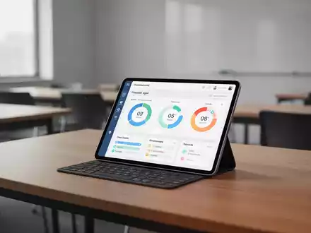 Ein Tablet mit einer App zur digitalen Arbeitszeiterfassung auf einem Schreibtisch in einem modernen Klassenzimmer. - Foto: über boerse-global.de