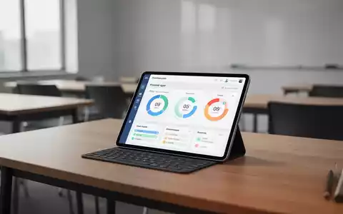 Ein Tablet mit einer App zur digitalen Arbeitszeiterfassung auf einem Schreibtisch in einem modernen Klassenzimmer. - Foto: über boerse-global.de