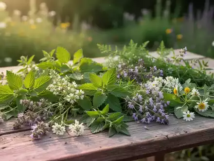 Frisch gesammelte Wildkräuter auf einem rustikalen Holztisch, im Hintergrund unscharf ein botanischer Garten. - Foto: über boerse-global.de