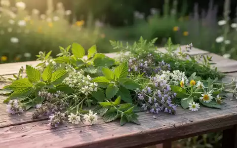 Frisch gesammelte Wildkräuter auf einem rustikalen Holztisch, im Hintergrund unscharf ein botanischer Garten. - Foto: über boerse-global.de