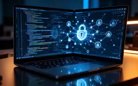 Nahaufnahme eines Laptop-Bildschirms mit abstraktem digitalem Sicherheitscode und leuchtenden Datenknoten in einem dunklen Büro. - Foto: über boerse-global.de