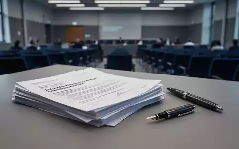Ein Schreibtisch mit Dokumenten und einem Füllfederhalter vor dem unscharfen Hintergrund eines Hörsaals. - Foto: über boerse-global.de