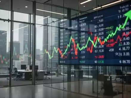Moderne Büroarchitektur mit verschwommenen Aktienkurs-Anzeigetafeln, die institutionelle Investitionen symbolisieren. - Foto: über boerse-global.de