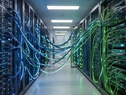 Ein hochmodernes Serverraum-Rechenzentrum mit leuchtenden Datenkabeln und Server-Racks zur Visualisierung von Energieverbrauch. - Foto: über boerse-global.de