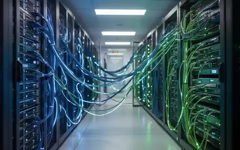 Ein hochmodernes Serverraum-Rechenzentrum mit leuchtenden Datenkabeln und Server-Racks zur Visualisierung von Energieverbrauch. - Foto: über boerse-global.de