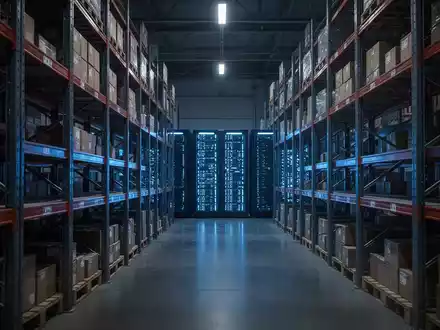 Modernes Lagerhaus mit blauer Server-Rack-Beleuchtung, symbolisiert einen Cyberangriff auf die Logistikinfrastruktur. - Foto: über boerse-global.de