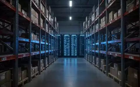 Modernes Lagerhaus mit blauer Server-Rack-Beleuchtung, symbolisiert einen Cyberangriff auf die Logistikinfrastruktur. - Foto: über boerse-global.de