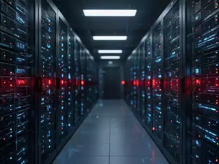 Dunkler Serverraum mit leuchtenden LED-Anzeigen als Symbol für einen Datendiebstahl und Sicherheitsvorfall. - Foto: über boerse-global.de