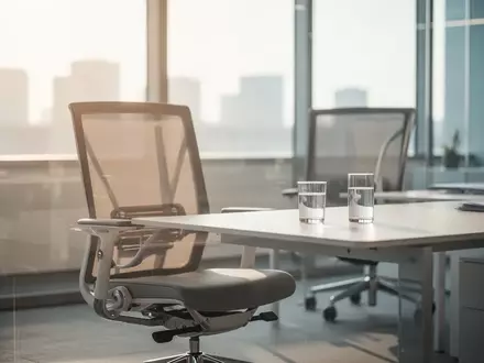 Ein moderner, leerer Büroarbeitsplatz mit einem ergonomischen Stuhl und einem Glas Wasser bei hellem Tageslicht. - Foto: über boerse-global.de