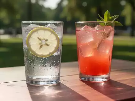 Ein Glas Wasser mit Zitrone und eine Saftschorle auf einem Holztisch bei sommerlichem Licht. - Foto: über boerse-global.de