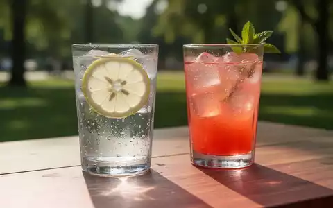 Ein Glas Wasser mit Zitrone und eine Saftschorle auf einem Holztisch bei sommerlichem Licht. - Foto: über boerse-global.de