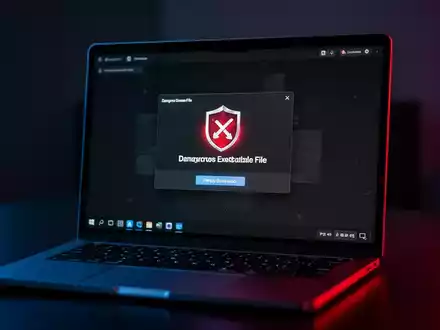Ein Laptop-Bildschirm in einem abgedunkelten Raum zeigt eine verdächtige Datei-Download-Anfrage. - Foto: über boerse-global.de