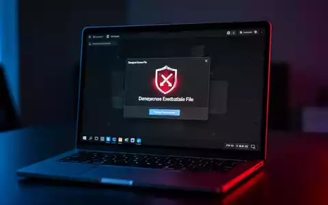 Ein Laptop-Bildschirm in einem abgedunkelten Raum zeigt eine verdächtige Datei-Download-Anfrage. - Foto: über boerse-global.de