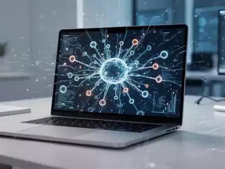 Moderner Laptop-Bildschirm mit abstrakten, leuchtenden neuronalen Netzwerk-Datenströmen in einem professionellen Arbeitsbereich. - Foto: über boerse-global.de