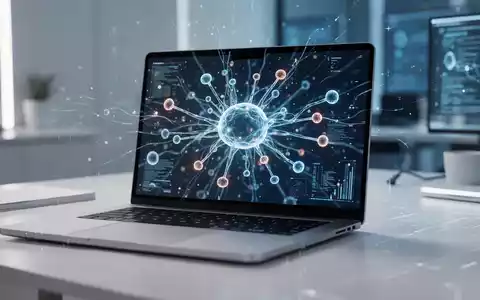 Moderner Laptop-Bildschirm mit abstrakten, leuchtenden neuronalen Netzwerk-Datenströmen in einem professionellen Arbeitsbereich. - Foto: über boerse-global.de