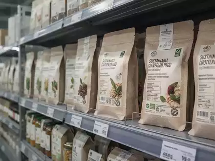 Moderne Lebensmittelverpackungen im Regal eines Supermarkts als Symbol für regulatorische Transparenz und Nachhaltigkeit. - Foto: über boerse-global.de