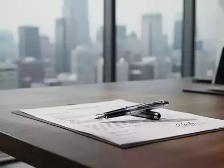 Ein minimalistischer Büroarbeitsplatz mit einem Füllfederhalter auf einem Rechtsdokument vor einer Glasfront. - Foto: über boerse-global.de