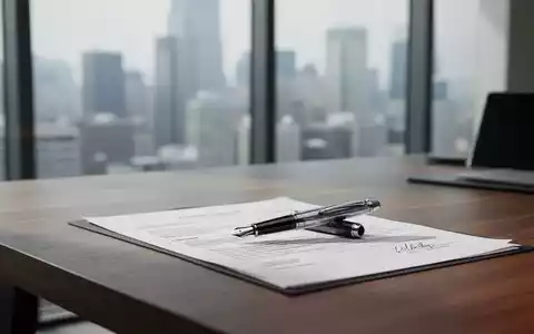 Ein minimalistischer Büroarbeitsplatz mit einem Füllfederhalter auf einem Rechtsdokument vor einer Glasfront. - Foto: über boerse-global.de