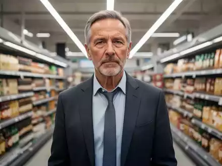 Ein älterer Schauspieler in einem Supermarkt, der eine erfolgreiche körperliche Transformation und einen gesunden Lebensstil verkörpert. - Foto: über boerse-global.de