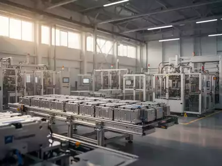 Moderne, leere Industriehalle einer Batteriefabrik mit technologischen Fertigungsanlagen in kühlem Licht. - Foto: über boerse-global.de
