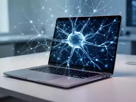 Ein moderner Laptop mit abstraktem KI-Netzwerk-Overlay auf dem Bildschirm in einer professionellen Büroumgebung. - Foto: über boerse-global.de