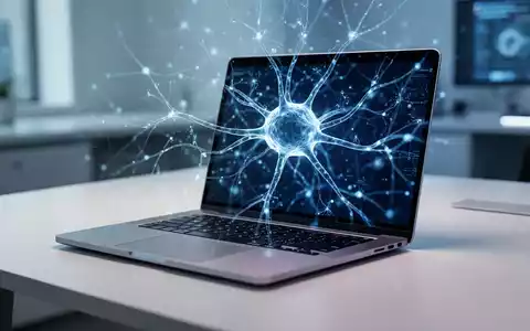 Ein moderner Laptop mit abstraktem KI-Netzwerk-Overlay auf dem Bildschirm in einer professionellen Büroumgebung. - Foto: über boerse-global.de