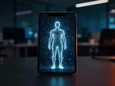 Ein Smartphone zeigt eine abstrakte digitale Silhouette als Symbol für KI-gestützten Identitätsdiebstahl und Betrug. - Foto: über boerse-global.de