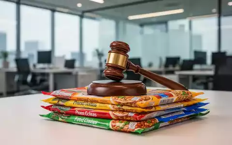 Ein Richterhammer liegt auf Verpackungen von hochverarbeiteten Lebensmitteln als Symbol für den Rechtsstreit um Regulierung. - Foto: über boerse-global.de