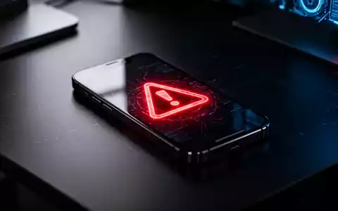 Ein Smartphone auf einem dunklen Schreibtisch mit einem digitalen Warnsymbol auf dem Bildschirm als Symbol für APK-Betrug. - Foto: über boerse-global.de