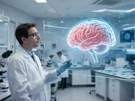 Ein Wissenschaftler betrachtet ein holografisches 3D-Modell eines menschlichen Gehirns in einem modernen Labor. - Foto: über boerse-global.de