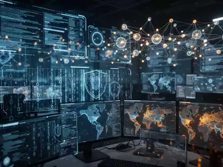 Digitale forensische Datenvisualisierungen und abstrakte Netzwerkknoten in einem modernen Cybersecurity-Kontrollzentrum. - Foto: über boerse-global.de