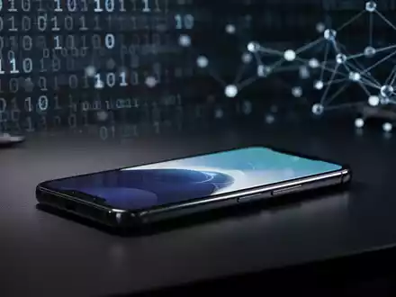 Ein modernes Smartphone auf einem Schreibtisch vor einem unscharfen Hintergrund aus Binärcode und digitalen Netzwerkknoten. - Foto: über boerse-global.de