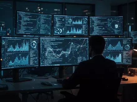 Dunkles, modernes Büro mit leuchtenden Computerbildschirmen und Datenvisualisierungen als Symbol für Cybersicherheit. - Foto: über boerse-global.de