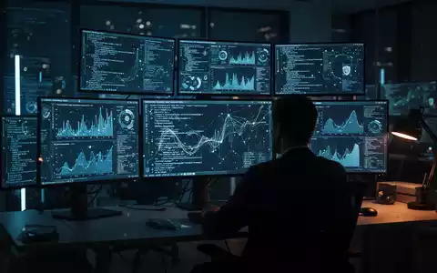 Dunkles, modernes Büro mit leuchtenden Computerbildschirmen und Datenvisualisierungen als Symbol für Cybersicherheit. - Foto: über boerse-global.de
