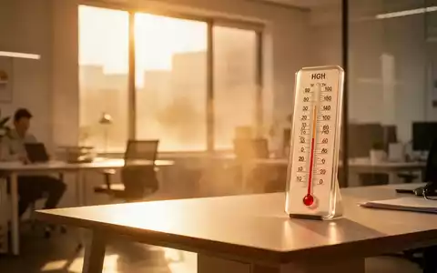 Ein sonnendurchfluteter, moderner Arbeitsplatz bei extremer Hitze mit einem Thermometer im Vordergrund. - Foto: über boerse-global.de