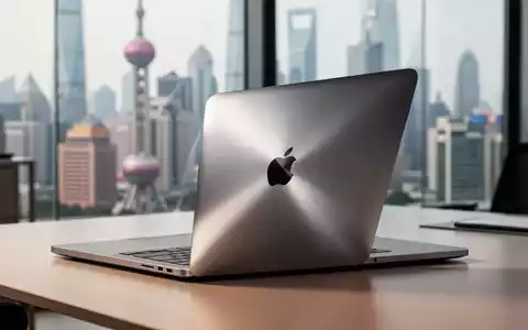 Ein modernes MacBook Pro auf einem Schreibtisch in einem professionellen Büro mit verschwommener Stadtsilhouette im Hintergrund. - Foto: über boerse-global.de