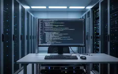 Moderner, schwach beleuchteter Serverraum mit Computerarbeitsplatz, der komplexen Code auf einem Monitor anzeigt. - Foto: ĂŒber boerse-global.de