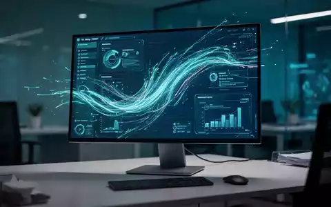 Moderner Arbeitsplatz mit Monitor, der digitale Datenströme und Softwarearchitektur zeigt, als Darstellung einer cloudbasierten KI-Umgebung. - Foto: über boerse-global.de