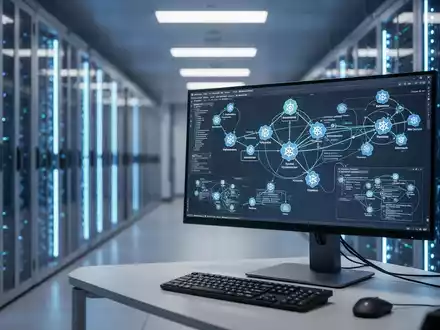 Moderner Serverraum mit leuchtenden Serverracks und einer Workstation mit komplexen IT-Infrastrukturdiagrammen. - Foto: über boerse-global.de