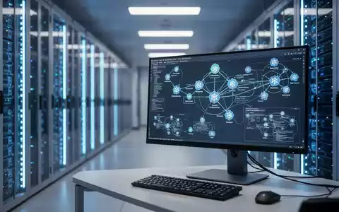 Moderner Serverraum mit leuchtenden Serverracks und einer Workstation mit komplexen IT-Infrastrukturdiagrammen. - Foto: über boerse-global.de