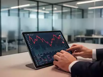 Ein Tablet mit fallenden Aktienkursen auf einem Schreibtisch in einem modernen Büro. - Foto: über boerse-global.de