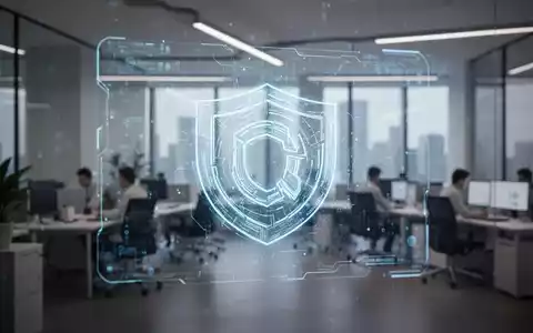 Ein modernes Büro mit einem digitalen Wasserzeichen auf einem Bildschirm, das die Kennzeichnung von KI-Inhalten symbolisiert. - Foto: über boerse-global.de