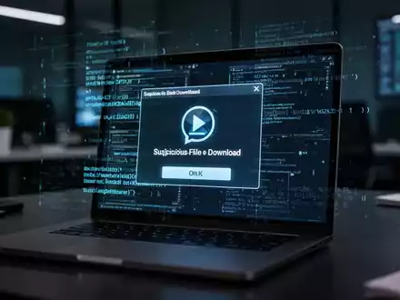 Ein Laptop-Bildschirm in einer dunklen Umgebung mit einer verdächtigen Datei-Download-Anzeige und digitalen Code-Elementen. - Foto: über boerse-global.de
