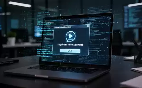 Ein Laptop-Bildschirm in einer dunklen Umgebung mit einer verdächtigen Datei-Download-Anzeige und digitalen Code-Elementen. - Foto: über boerse-global.de