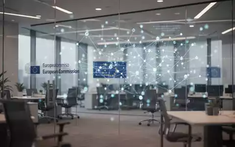 Modernes Büro der Europäischen Kommission mit digitalen Datenvisualisierungen auf einem Bildschirm im Hintergrund. - Foto: über boerse-global.de